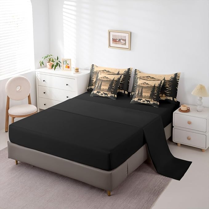 Erosebridal Full Size Rustic Cabin Lodge Bedding Set 7 Pieces | Bear Comforter Set with Sheets for Kids Boys Girls Forest Hunting Bear Bed in A Bag with Flat Fitted Sheets Pine Tree Woodland Quilt