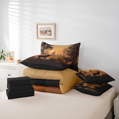 Erosebridal Woodland Deer Comforter Set Queen Size for Kids Boys Girls - 7 Pieces Hunting Antler Moose Bedding Set with Sheets Country Rustic Farmhouse Quilt Set Wild Animal Bed in A Bag