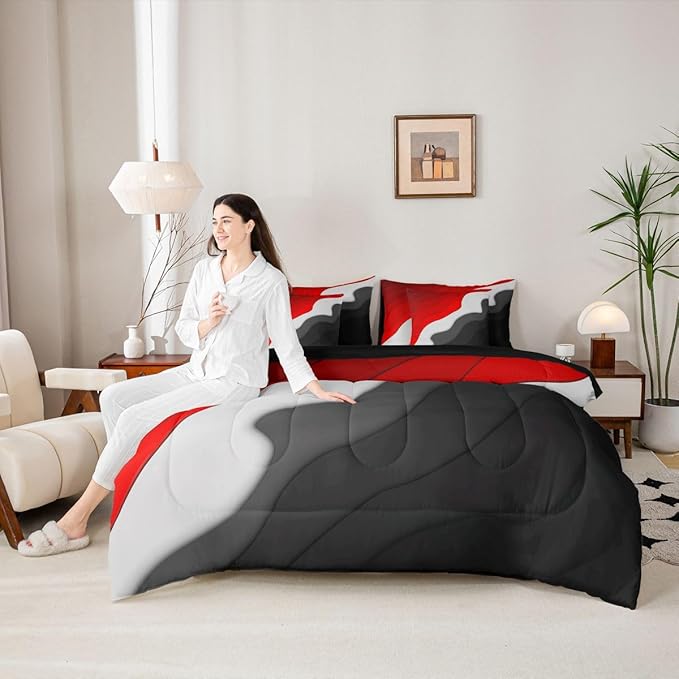 Red Grey Black Ombre Queen Comforter Set 7 Pieces Kids Teens Adults Geometric Stripe Bedding Comforter Sets, Aesthetic Wave Bed in a Bag Modern Abstract Bedding Set, Gradient Bed Sheets Set