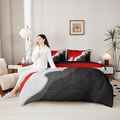 Red Grey Black Ombre Bedding Comforter Sets 7pcs Kids Teens Adults Geometric Stripe Bed in a Bag, Aesthetic Wave King Bedding Sets Modern Abstract Comforter Set, Gradient Bedding Sets & Collections