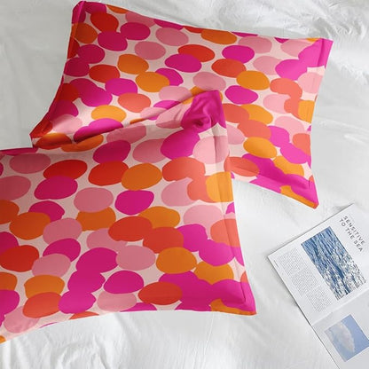 Comforter Set King Size, Pink Orange Colorful Soft 3 Pcs Bedding for Kids and Adults, Fruit Retro Leaves Comforter Set with Pillowcase, for Bedroom Bed Decor