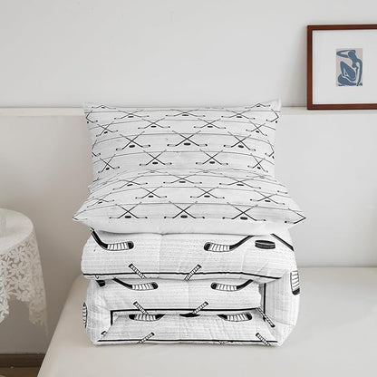Manfei Hockey Comforter Set Twin Size, Sports Gaming Theme Bedding Set for Kids Boys Girls Room Decor, Grey Wooden Plank Down Comforter, Soft Polyester Quilt Set,1 Pillowcase