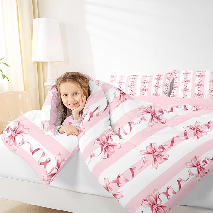 Erosebridal Pink Ribbon Bow Comforter Set Cute Coquette Bowknot King Bedding Set for Girls,Romantic Aesthetic Princess Bow Comforter Pink Geometric Striped Line Bed Set for Kids Teen Adults