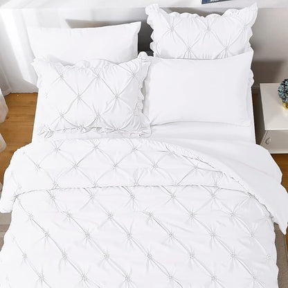 JOLLYVOGUE White Cal King Size Comforter Sets 7 Pieces, Pintuck Bed in a Bag Comforter Set for Bedroom, Bedding Comforter Sets with Comforter, Sheets,Ruffled Shams & Pillowcases