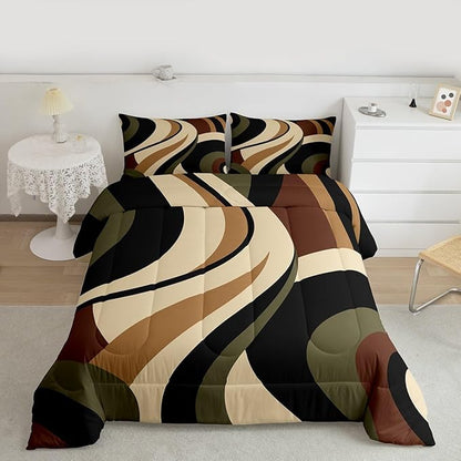 Green Brown Spiral Twin Comforter Set for Adult Women Men Modern Swirls Stripes Abstract Bedding Set for Minimalists Boho Aesthetic Geometric Bed Sets Graffiti Art Lines Quilt Duvet Insert