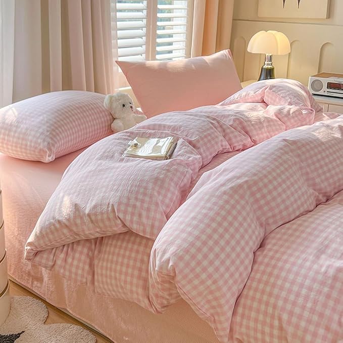 Nayoroom Pink Gingham Comforter Set Full Size Plaid Checkered Comforter 3 Pcs Soft Lightweight Grid Farmhouse Dorm Bedding Set for All Seasons (1 Comforter, 2 Pillowcases)
