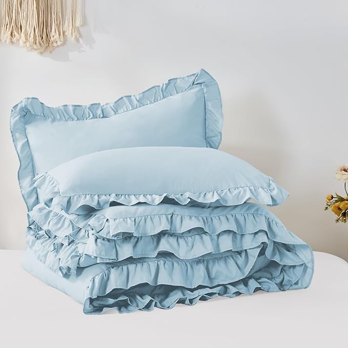 FUANNA Queen Comforter Set Light Blue, 3 Pieces Ruffle Queen Bed Set, Fluffy Bed in a Bag Queen for All Seasons, Shabby Chic Bedding Comforter Sets with 1 Lightweight Comforter & 2 Pillowshams