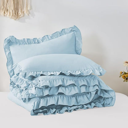 FUANNA Queen Comforter Set Light Blue, 3 Pieces Ruffle Queen Bed Set, Fluffy Bed in a Bag Queen for All Seasons, Shabby Chic Bedding Comforter Sets with 1 Lightweight Comforter & 2 Pillowshams