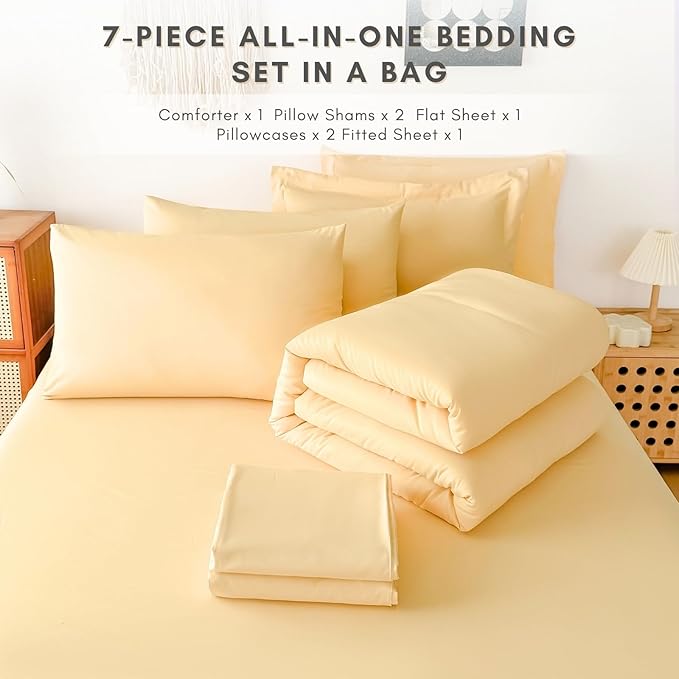 Cal King Comforter Duvet Cover Set Buttercream - 7-Piece Bed in a Bag, Festive Gift Double Brushed Micorfiber All-Season Soft Bedding with Sheets & Envelope Pillowcases(104"x90",Cal King)