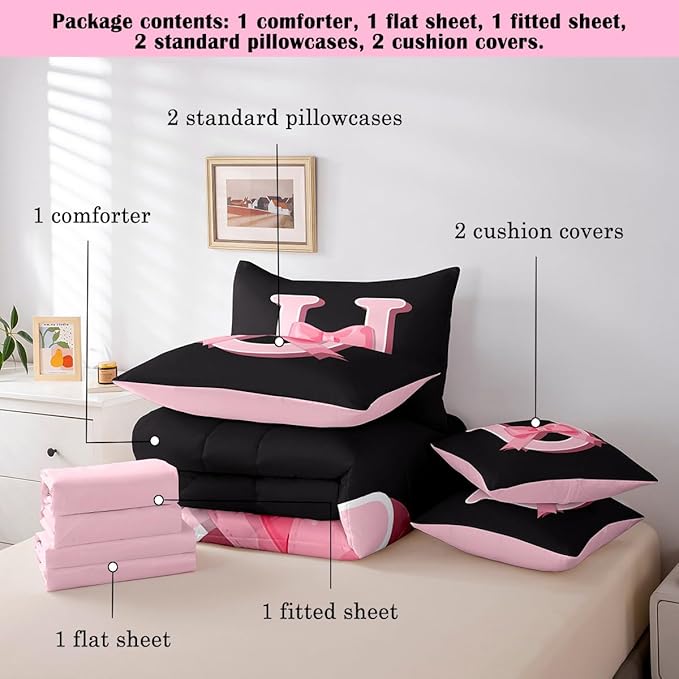 jejeloiu Kawaii Pink Bow King Comforter Set with Sheets,Gifts for Women Teen Girl,Monogrammed 7 Piece Bedding Set,Soft Personalized Initial Letter U Bed in a Bag with Comforter,Sheets,Pillowcases