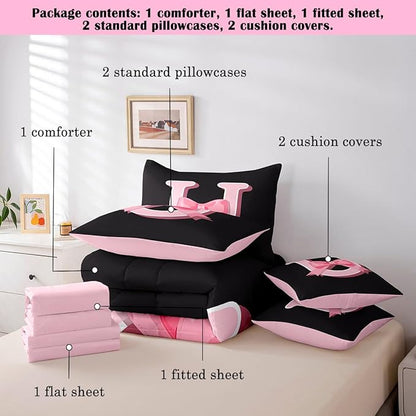 jejeloiu Kawaii Pink Bow Full Comforter Set with Sheets,Gifts for Women Teen Girl,Monogrammed 7 Piece Bedding Set,Soft Personalized Initial Letter U Bed in a Bag with Comforter,Sheets,Pillowcases
