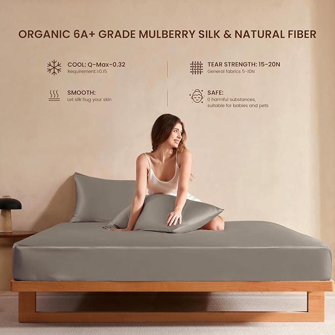 THXSILK Luxury Mulberry Silk Bed Sheets Set - 3pcs Silk Sheets Set 16" Deep Pocket - 1 Fitted Sheet, 1 Flat Sheet, 1 Pillowcase with Zipper Closure - Twin-XL, Grey