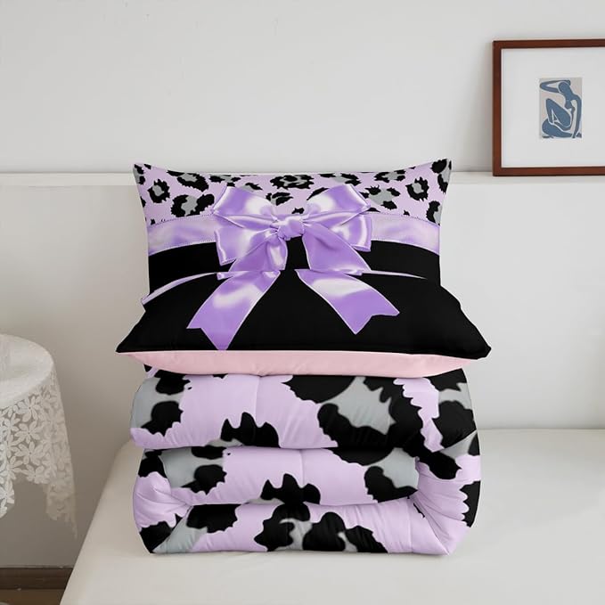 jejeloiu Purple Silk Bowknot Duvet Cover Full Size Grey Leopard Bedding Set for Kids Girls Women Black Purple Comforter Cover Set Sweet Romantic Bedspread Cover 3Pcs
