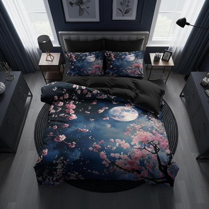 Cherry Blossom Bedding Sets Queen Size, Japanese Floral Themed Comforter for Women, Black and Pink 3 Pcs Warm Microfiber Quilt Set with 2 Pillowcases, 90 ''x90''