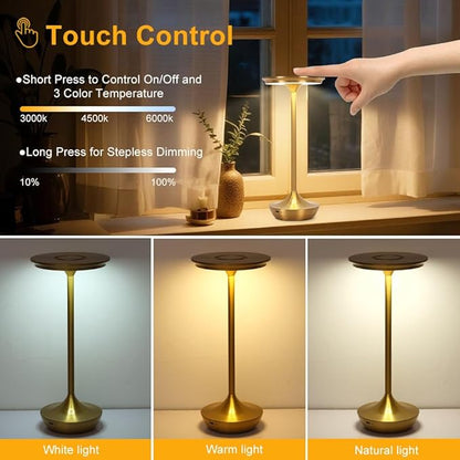 Rechargeable Cordless Table Lamp,Portable Outdoor 6000mAh Battery Operated LED Table Light Touch Control 3 Color Dimmable for Bedroom,Patio,Cofee,Camping,Dining,Restaurant&Livingroom-Gold