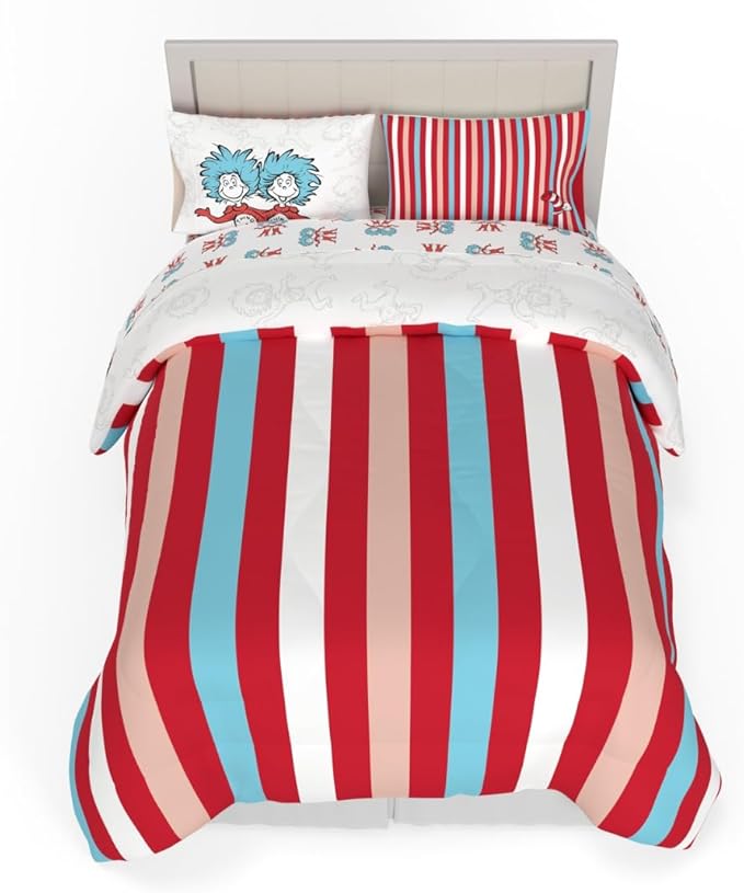 Dr. Seuss Cat in The Hat Kids Bedding, 7 Piece Full Bed Set, Soft Cozy Reversible Comforter and Sheet Set with Sham, Officially Licensed Product by Franco