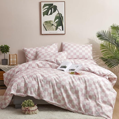 CLOTHKNOW Pink White Plaid Queen Comforter Set Grid Bedding Comforter Sets Soft Checkered Queen Comforter with 2 x Pillow Cases