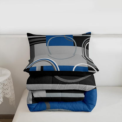 Erosebridal Abstract Circles Comforter Set Twin Modern Blue Black Grey Bedding Checkered Swirls Quilt Set Geometric Striped Duvet Insert Curved Lines Bed Set Modern Creative Quilted Comforter