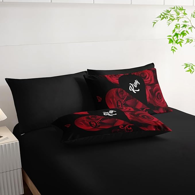 7 Piece Red and Black Rose King Comforter Set，King Quilt Bedding Set Rose，(1 Comforter, 1 Flat Sheet, 1 Fitted Sheet, 2 Pillowcase and 2 Pillow Sham)