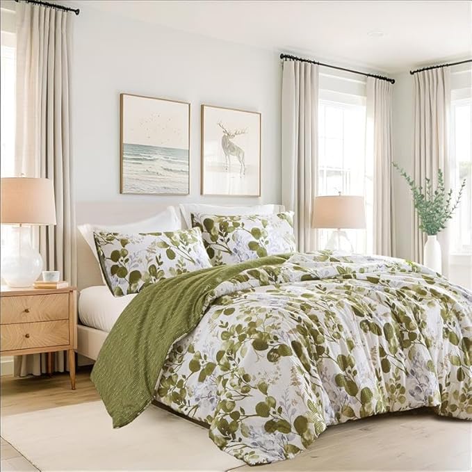 Lightweight Seersucker Botanical King Size Comforter Set, 3 Pieces Reversible Design Bed Comforter, Premium Microfiber Bedding Set, Comforter and Shams Set, Olive Green