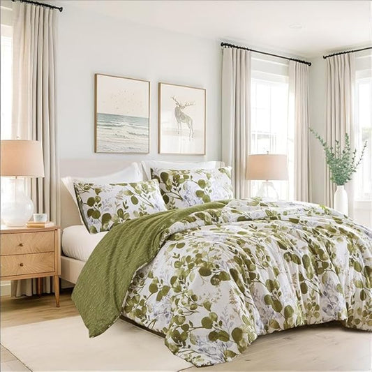 Lightweight Seersucker Botanical King Size Comforter Set, 3 Pieces Reversible Design Bed Comforter, Premium Microfiber Bedding Set, Comforter and Shams Set, Olive Green