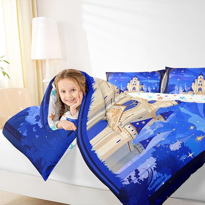 Manfei Princess Theme Kids Comforter Set Full Size,Cartoon Castle Girlish Bedding Set,Girls Women Room Decor,Glitter Starry Sky Galaxy Dreamy Down Comforter,Blue Romantic Duvet Insert,2 Pillowcases