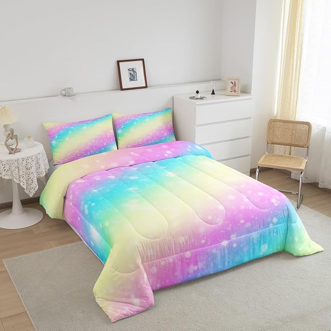 Feelyou Rainbow Comforter Set Toddler, Tie Dye Pastel Bedding Set Stars Glitter Comforter for Kids Colorful Stripes Bedspread C Room Decor with 1 Pillow Case