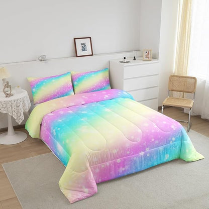 Feelyou Rainbow Comforter Set Toddler, Tie Dye Pastel Bedding Set Stars Glitter Comforter for Kids Colorful Stripes Bedspread C Room Decor with 1 Pillow Case