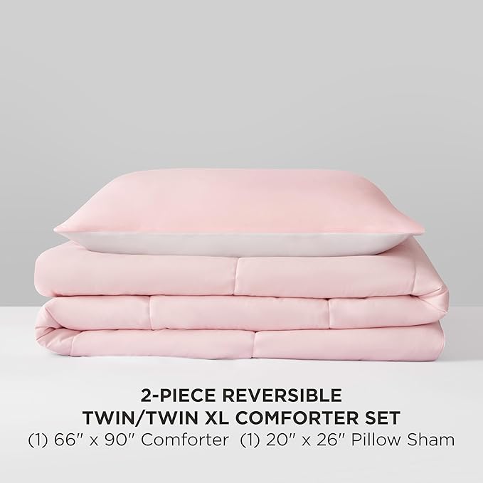 Reversible Box Stitch Comforter Set, 2-Piece Twin/Twin XL – Light Pink/White – Stylish Bedding Set