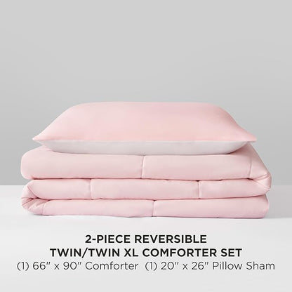 Reversible Box Stitch Comforter Set, 2-Piece Twin/Twin XL – Light Pink/White – Stylish Bedding Set