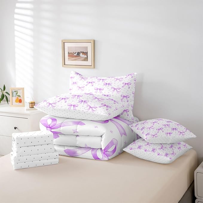 Erosebridal Bow Girls Cute Purple Full Comforter Set 7 Pieces | Starry Bed in A Bag for Bedroom Dreamy Bedding Set with Comforters Bowknot Kawaii Room Decor