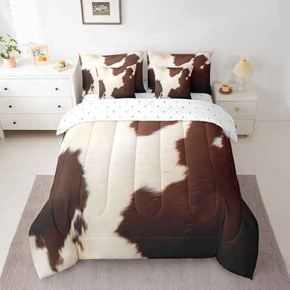 Erosebridal Cowhide Fur Bed in a Bag 7 Pieces Brown Beige Cow Printed Bedding Set, Wildlife Skin Hair King Size Comforter Set Western Aztec Bedding Comforter Sets, Cowboy Cowgirl Bed Set