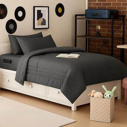 Twin XL Comforter Set College Dorm Bedding Bundle (Twin XL) – Dorm Upgrade with Comforter, Mattress Protector, Sheet Set & Pillow Sham — Stylish Quilted Stripe for Students & Shared Rooms, Charcoal