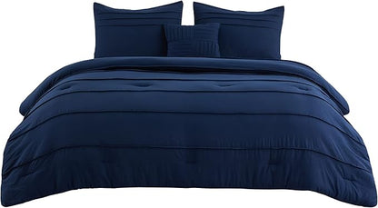 Bedsure Queen Comforter Set - 4 Pieces Pinch Pleat Bed Set, Navy Blue Boho Bedding for All Season, 1 Soft Comforter, 2 Pillowcases, 1 Decorative Pillow