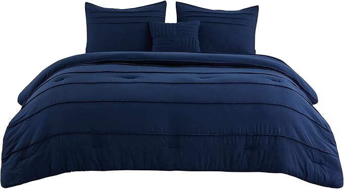 Bedsure King Comforter Set - 4 Pieces Pinch Pleat Bed Set, Navy Blue Boho Bedding for All Season, 1 Soft Comforter, 2 Pillowcases, 1 Decorative Pillow