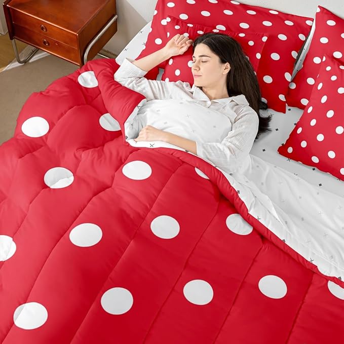 Feelyou Polka Dot 7 Piece Bedding Set Red White Comforter Set with Sheets for Kids Boys Girls Geometric Plaid Bed in a Bag Modern Cute Bed Set Soft Lightweight