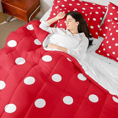 Feelyou Polka Dot 7 Piece Bedding Set Red White Comforter Set with Sheets for Kids Boys Girls Geometric Plaid Bed in a Bag Modern Cute Bed Set Soft Lightweight