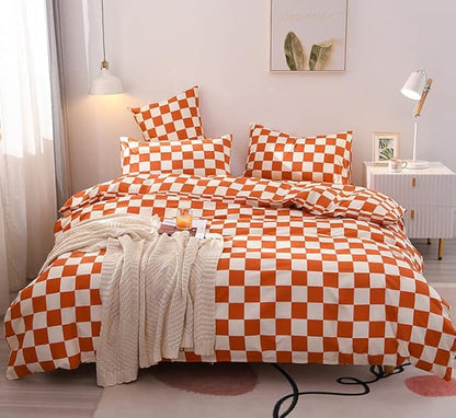 KAREVER Orange White Grid Comforter Set Queen Burnt Orange Plaid Bedding Set Women Reddish and White Checkered Bed Comforter Set Breathable Blanket Set Men Durable Bedding Comforter Set