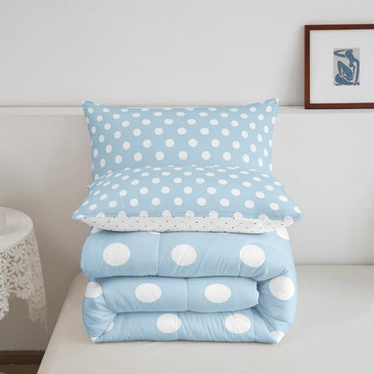 Manfei Polka Dots Teens Comforter Set,French Style Dots Cartoon Blue White Bedding Set All Season,Modern Geometric Circles Abstract Simple Art Comforter 3 Pcs with 2 Pillowcases,Queen Size