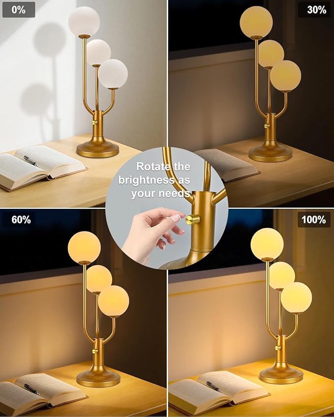 Modern Gold Globe Table Lamp Dimmable Mid Century 3-Light Desk Lamp 3000K Warmwhite Nightstand Lamp for Bedroom Bedside End Table(G9 Bulb Included)