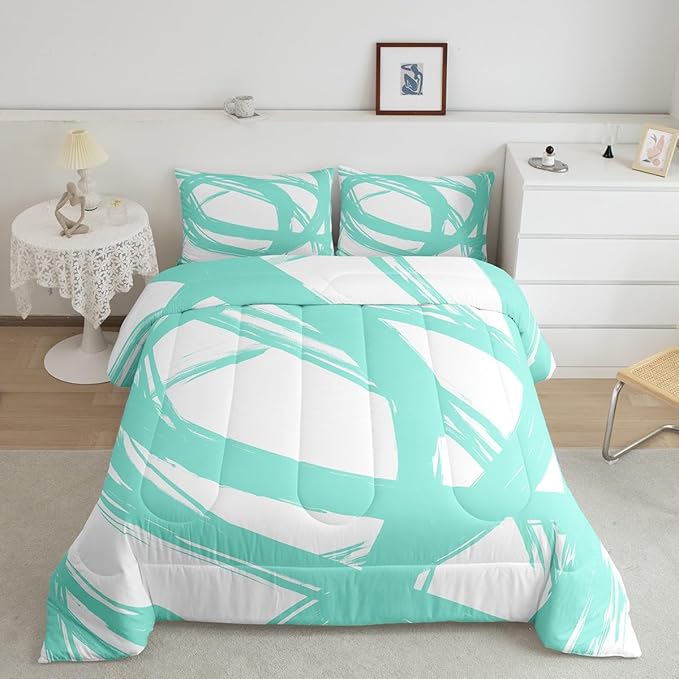 Turquoise and White Abstarct Queen Comforter Set for Adult Women Men, Geometric Striped Bedding Set for Minimalists,Graffiti Aesthetic Lines Quilt,Contemporary Boho Modern Art Duvet Insert