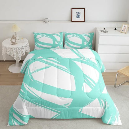 Erosebridal Turquoise and White Abstarct Toddler Bedding Set,Aesthetic Geometric Comforter Set for Minimalists,Graffiti Stripes Lines Quilt,Contemporary Boho Modern Art Duvet Insert for Minimalism