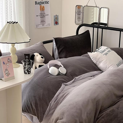 Wellboo Grey Gradient Comforter Set - Queen Size, Silver & Dark Grey Velvet & Flannel Quilts, Modern Farmhouse Abstract Art, Micromink Sherpa Fuzzy Plush Bed