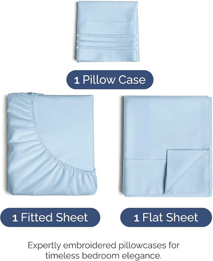 Twin Size 3 Piece Sheet Set - Comfy Breathable & Cooling Bed Sheets Set - Hotel Luxury Bedding for Women, Men, Kids, Teens, Boys & Girls - Deep Pockets, Soft and Wrinkle Free - Oeko-Tex - Light Blue