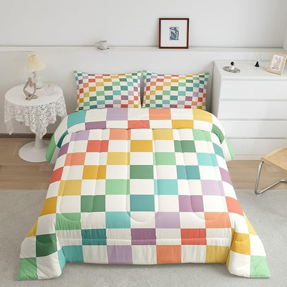 Feelyou Multicolored Checkered Retro Bedding Set Kids Boys Girls Geometric Vintage Comforter Set Twin Size Green Yellow Colorful Duvet Insert Modern Simple Groovy Aesthetic Room Decor