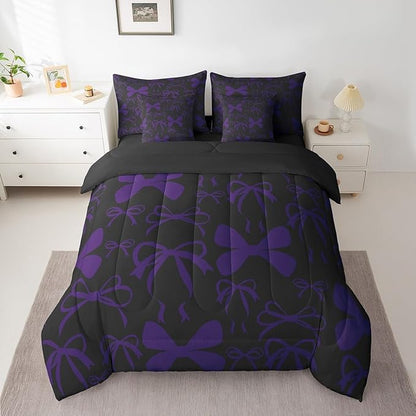 Feelyou Cute Bowknot Bedding Set for All Season Boys Girls Twin Size Bow 7 Pieces Comforter Sets for Kids Women Men Purple Girls Bow Bed in a Bag with Comforter, Sheets, Pillowcases & Cushion Cover