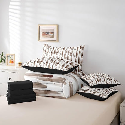 Erosebridal 7Pcs Brown and White Ink Painting Watercolor Comforter Set King,Abstract Art Aesthetic Striped Bed in A Bag for Adults Women Men,Boho Modern Quilt,Graffiti Gradient Geometric Bedding