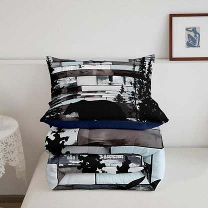 Feelyou Bear Print Bedding Set Wild Animal Comforter Set for Kids Boys Girls Hunting Theme Comforter Pine Trees Retro Quilt Set Bedroom Collection 2Pcs Twin Size
