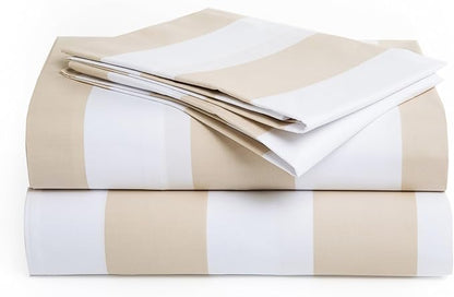 Peru Pima 415 Thread Count Percal King Sheet Set - 100% Peruvian Pima Cotton, 4 Piece (Flat, Fitted, 2 Pillowcases) - Cooling, Crisp, Deep Pocket, Hotel Quality Bedding - Bold Stripe Latte
