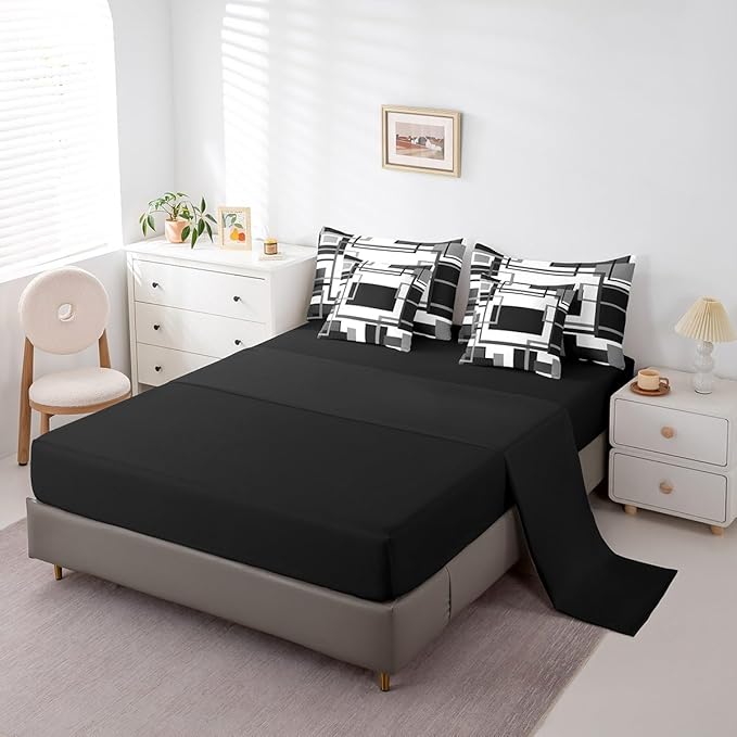 Erosebridal 7Pcs Black and White King Comforter Set for Minimalist,Black Gray Modern Geometric Bed in A Bag,Abstract Geometric Modern Bedding with Bed Sheets,Mid Century Modern Fashion Quilt